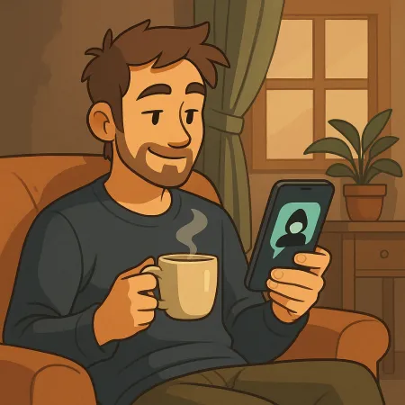 Hombre barbudo sentado cómodamente en un sillón, sosteniendo una taza de café humeante en una mano y un smartphone en la otra. Sonríe mientras mira la pantalla, donde aparece una silueta anónima. El ambiente interior es cálido, con una planta, una cortina y una ventana al fondo