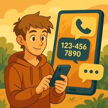 Joven sonriente con sudadera con capucha usando su smartphone, con una gran pantalla de teléfono de fondo mostrando un ícono de llamada y un número de teléfono ficticio (123-456-7890), en un entorno exterior estilizado y acogedor