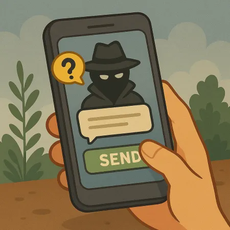 Mano sosteniendo un smartphone mostrando un personaje enmascarado con impermeable y sombrero, representando a un remitente anónimo. Se ve un globo de diálogo con un signo de interrogación, así como un botón verde marcado 'ENVIAR', sugiriendo el envío de un mensaje anónimo