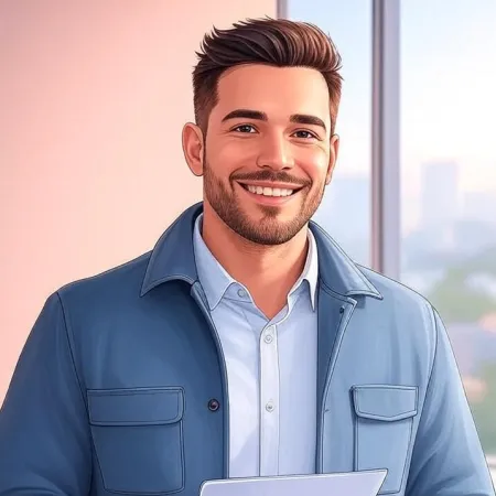 Un joven sonriente en un atuendo profesional casual en una oficina.