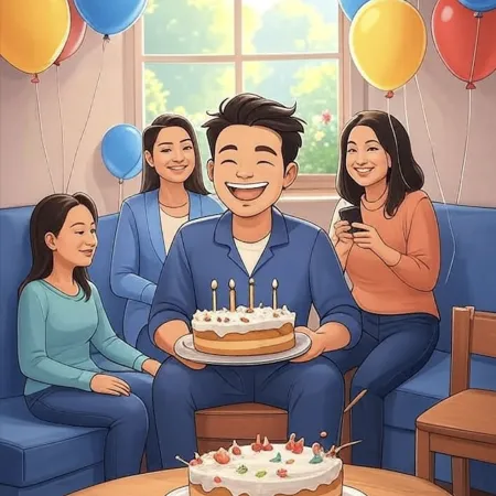 Hombre sonriente sosteniendo un pastel con cinco velas, rodeado de seres queridos en una sala decorada con globos de colores.