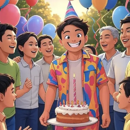 Niño sonriente con gorro de fiesta sosteniendo un pastel con una vela única, rodeado de invitados y globos de colores al aire libre.