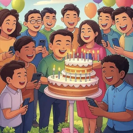 Grupo de personas sonriendo alrededor de un gran pastel de dos pisos con varias velas encendidas, mientras toman fotos con sus teléfonos.