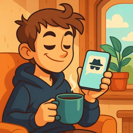 Ilustración de un joven sonriente, sentado cómodamente con una taza de café, sosteniendo un smartphone que muestra un ícono de mensaje anónimo con un sombrero y gafas de sol