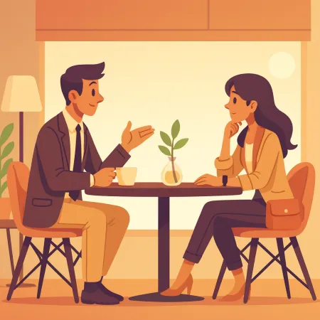 Ilustración de dos personas conversando cara a cara en un café, un hombre en traje y una mujer en un atuendo casual elegante, sentados a una mesa con una pequeña planta en el centro